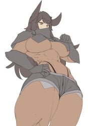 1girls abs armor bevor booty_shorts bracers breast_curtains brown_eyes brown_hair brown_horns charger_(helldivers) dark-skinned_female female female_only gauntlets gya_rb hand_on_hip hand_on_waist helldivers high_thong horns light-skinned_female long_hair low-angle_view muscular_female pauldrons pockets scar scar_on_cheek scar_on_face short_shorts solo standing standing_over_viewer three-quarter_portrait two-tone_skin two_tone_skin underboob vambraces white_background worm's-eye_view