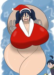 2021 aki_hinata biting_lip blush bottomless christmas christmas_outfit convenient_censoring fuyuki_hinata glasses huge_breasts igphhangout keroro keroro_gunsou milf mother_and_son navel nipple_bulge tagme thick_thighs wink