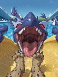 ai_generated anthro aurugy bodily_fluids dripping dynamic_angle female feral first_person_view gaping_mouth generation_2_pokemon group hi_res hyaenid imminent_vore legendary_pokemon looking_at_viewer looking_pleasured lugia male mammal mouth_shot nintendo open_mouth outside pokemon pokemon_(species) red_eyes saliva saliva_drip saliva_on_tongue saliva_string shadow_lugia shadow_pokémon sky slide swimming swimming_pool teeth tongue vore water water_slide wide_angle wide_open_mouth