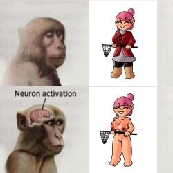 2024 animal_crossing bowtie breasts butterfly_net closed clothed completely_nude_female eyes happy meme navel neuron_activation_(meme) nipples nude_version onixsea only_player pink_hair pussy red_dress smiling teeth thick thighs villager_(animal_crossing)
