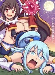 1futa 1girls aqua_(konosuba) aqua_eyes aqua_hair aqua_screaming_(meme) ass bandages bangs bare_shoulders belt black_choker blue_dress blush brown_belt brown_hair cape choker chrisxoma clothed clothed_sex cum cum_in_pussy cum_inside detached_sleeves deviltokyo doggy_style dress duo eyebrows_visible_through_hair female fertilization futa_on_female futanari goddess hair_ornament hair_rings impregnation intersex kono_subarashii_sekai_ni_shukufuku_wo! light-skinned_female light-skinned_futa light_skin long_hair long_sleeves megumin moon open_mouth outdoors panel red_dress red_eyes sex thighhighs vaginal_penetration white_thighhighs