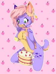 anthro between_legs cake cherry collar covered_in_icing dessert domestic_cat ear_piercing ear_tag eyelashes felid feline felis female fluffy fluffy_tail food food_fetish food_play freckled_face freckled_shoulders freckles fruit fur green_eyes hair icing long_eyelashes long_hair mammal markings missing_arm orange_body orange_fur piercing pink_body pink_collar pink_fur pink_hair plant purple_body purple_fur purple_hair sammywhich short_tail slim slim_anthro slim_female small_waist smile solo spots spotted_legs spotted_markings spotted_thighs squish stitch_(sewing) striped_markings stripes submissive tail thigh_squish tongue_out_piercing toppings yellow_body yellow_fur