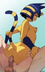 1boy 1girls anal anal_sex animal_crossing ankha ass_grab bite_mark bite_mark_on_thigh bite_marks cat_ears cat_tail female male male_penetrating_female monke_brush nintendo sex tail yellow_fur