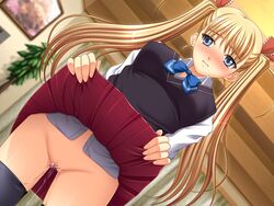 airi_akizuki blonde_hair blue_eyes blush bow censored clothing female female_only game_cg human no_panties oni_chichi pussy_juice skirt skirt_lift solo stockings thighhighs tied_hair twintails