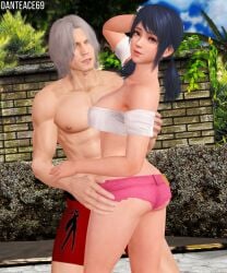 1boy 1girls 3d 3d_(artwork) artist_name blue_eyes blue_hair booty_shorts clothed clothed_female clothed_male crack_pairing crop_top crossover dante_(devil_may_cry) danteace69 devil_may_cry devil_may_cry_(series) eastern_and_western_character female looking_at_viewer male marinette_dupain-cheng miraculous:_tales_of_ladybug_and_cat_noir miraculous_ladybug non-nude shirtless shirtless_male shorts straight white_hair