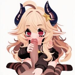 1boy 1girl ahoge ai_generated bangs bare_shoulders blonde_hair blush borrowed_character breasts erection fellatio hair_between_eyes hair_ornament hetero horns long_hair looking_at_viewer oral penis pointy_ears red_eyes ribbed_sweater roblox simple_background solo_focus star_(symbol) star_hair_ornament sunny_(legacy) uncensored white_background