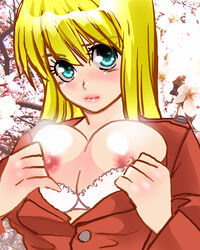 1girls artist_request big_breasts blonde_hair blush bra breasts cleavage female human kochikame large_breasts light-skinned_female light_skin lingerie long_hair nipples policewoman reiko_katherine_akimoto shounen_jump solo underwear