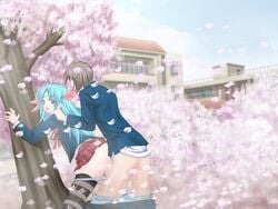 against_tree ass bent_over blue_hair brown_hair censored cherry_blossoms doggy_style doutei_clinic from_behind game_cg huge_ass long_hair miniskirt open_mouth outdoors panties pink_eyes ribbon school_uniform sex skirt spread_legs stockings thighhighs tree underwear