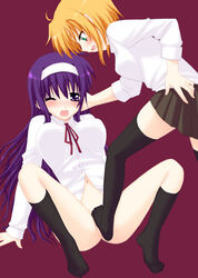 2girls arisa_bannings artist_request black_legwear black_thighhighs blonde_hair blue_eyes blush bottomless character_request clothed feet female female_footjob femdom footjob footjob_with_legwear footwear green_eyes headband long_hair looking_down lyrical_nanoha mahou_shoujo_lyrical_nanoha mahou_shoujo_lyrical_nanoha_strikers multiple_girls no_panties open_mouth purple_eyes purple_hair saki_chisuzu shirt simple_background sitting smile socks source_request spread_eagle spread_legs standing standing_footjob stockings thighhighs tsukimura_suzuka white_shirt wink yuri