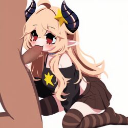 ahoge ai_generated bangs bare_shoulders blonde_hair blush borrowed_character breasts erection fellatio female hair_between_eyes hair_ornament horns long_hair looking_at_viewer oral penis pointy_ears red_eyes ribbed_sweater roblox simple_background solo_focus star_(symbol) star_hair_ornament straight sunny_(legacy) uncensored white_background