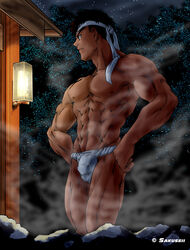 1boy abs brown_hair bulge capcom cyberbots dark-skinned_male dark_skin eight_pack fundoshi fundoshi_only half-dressed half_dressed half_nude hands_on_hips headband highres hot_spring human human_only jin_saotome looking_away male male_only muscles muscular muscular_male night nipples onsen penis_in_underwear penis_line pose posing sakuseii sauna six_pack solo toned toned_male underwear video_games white_underwear