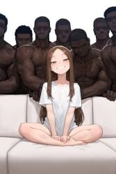 ai_generated brown_hair couch dark-skinned_male female_focus interracial karakai_jouzu_no_takagi-san long_hair looking_at_viewer meme meme_reference multiple_boys muscular muscular_male no_sex petite piper_perri_surrounded sexually_suggestive sitting skinny skinny_female straight_hair takagi-san white_shirt