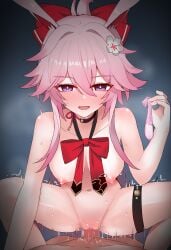 1boy absurdres animal_ears bow bowtie breasts censored commentary_request completely_nude condom cowgirl_position evanescia_(honkai:_star_rail) female fox_ears fox_girl highres holding holding_condom honkai:_star_rail honkai_(series) large_breasts long_hair mosaic_censoring nipples nude pink_hair pueichigo purple_eyes red_bow red_bowtie sex squatting_cowgirl_position straddling straight textless_version thigh_strap used_condom vaginal_penetration variant_set