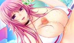 atelier_kaguya bikini blush breasts censored choco_chip esumi_mei female game_cg highres huge_breasts long_hair looking_down lotion lying namaiki_~kissuisou_e_youkoso!~ open_mouth paizuri parasol penis pink_eyes pink_hair sky smile swimsuit