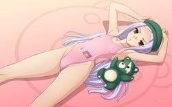 armpits cabbie_hat cameltoe competition_swimsuit erect_nipples flat_chest gundam gundam_00 hat lavender_hair lying one-piece_swimsuit soma_peries stuffed_animal stuffed_toy swimsuit tadano_akira teddy_bear wallpaper