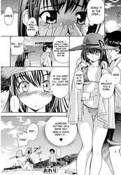 1girls :x breasts female highres huge_breasts inu777 manga midriff mizugi monochrome swimsuit translated