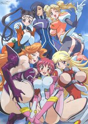 6girls :d :q ;d androgynous antenna_hair aoi_anna armpits ass ass_grab between_breasts black_hair blonde_hair blue_eyes blue_hair blush bodysuit boots breast_grab breast_press breasts center_opening cleavage cleavage_cutout cloud crease curvaceous curvy double_bun earrings ekaterina elbow_gloves ellis_valentine embarrassed erect_nipples everyone female gloves green_eyes grinding group gundinar hair_ornament hair_over_one_eyes hairband hairclip hand_between_breasts headband high_heels high_res highleg highres hug huge_ass huge_breasts impossible_clothes impossible_clothing jewelry kimura_takahiro large_breasts leaning_forward leotard lipstick long_hair looking_back luna_(godannar) makeup milf multiple_girls naughty_face no_bra official_art open_mouth oppai orange_hair outdoors pilot_suit pink_hair pinky_out purple_eyes red_eyes red_hair scan shadow_(godannar) shinkon_gattai_godannar!! shiny shiny_clothes shoes short_hair shukuyu shy sitting skin_tight sky smile spandex spread_legs standing straddle strap thigh_boots thighhighs thighs thong_leotard tied_hair tomboy tongue turtleneck twintails underboob uniform very_long_hair wavy_hair wide_hips wink yuri