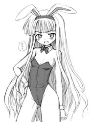 1girls aoyama_reo bare_legs bare_shoulders blonde_hair blue_eyes blush bowtie bunny_ear bunny_girl bunnysuit clothing cosplay evangeline_a.k._mcdowell evangeline_a_k_mcdowell female flat_chest fringe hairband hand_on_hip handjob highleg kemonomimi long_hair lowres mahou_sensei_negima! monochrome nikopondo pettanko solo teenager translated usamimi vampire very_long_hair wrist_cuffs