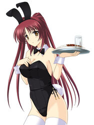 bare_shoulders breasts brown_eyes bunny_ear bunny_girl bunnysuit cleavage clothing cosplay duplicate glass kousaka_tamaki large_breasts long_hair red_hair stockings thighhighs to_heart_(series) to_heart_2 tray usamimi waitress