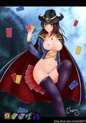 beige_skin blue_eyes breasts brown_hair cape card closed_mouth clothes color female female_only front_view functionally_nude hair hat league_of_legends looking_at_viewer necklace nipples open_eyes pussy rule_63 solo thighhighs tobias_fate vulva