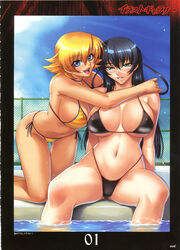 artbook bikini black_hair blonde_hair blue_eyes blush breasts erect_nipples green_eyes high_res highleg highleg_bikini highleg_swimsuit highres huge_breasts igawa_asagi igawa_sakura kagami kagami_(artist) long_hair mizugi multiple_girls naughty_face nuye oppai page_1 page_6 pool scan short_hair skin_tight swimsuit taimanin_asagi translated