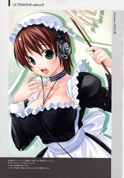 1girls between_breasts breasts brown_hair choker cleavage cord_between_breasts duster female frills green_eyes headphones highres huge_breasts maid mizuki_gyokuran original short_hair solo ultrasone