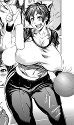 ball basketball breasts comic curvaceous empty_speech_bubble gym_uniform huge_breasts monochrome oppai plump short_hair st-retcher thick_thighs wide_hips