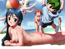 bikini blue_hair emelenzia_beatrix_rudiger long_hair mamoru-kun_ni_megami_no_shukufuku_wo! mizugi satou_toshiyuki strap_slip summer swimsuit takasu_ayako yoshimura_itsumi yoshimura_mamoru