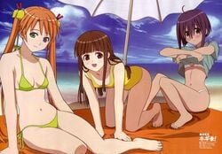 all_fours bangs barefoot beach beach_umbrella bikini blanket blush clothing color crease duplicate feet heterochromia kagurazaka_asuna katou_hatsue konoe_konoka mahou_sensei_negima! miyazaki_nodoka mizugi navel ocean open_mouth reclining scan shade side-tie_bikini sitting small_breasts smile swimsuit tied_hair twintails undressing