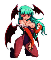 breasts capcom cleavage clothing curvaceous curvy darkstalkers green_hair kara_(color) kneeling long_hair medium_breasts morrigan_aensland oppai pantyhose red_eyes smile succubus wings