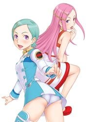 2girls anemone_(eureka_seven) aqua_hair ass blush choker collar dress eureka eureka_seven eureka_seven_(series) face female female_only ha-ru hair_ornament hairclip multiple_girls panchira panties pantyshot pink_hair purple_eyes simple_background teal_hair thigh_strap tongue underwear upskirt white_background white_panties