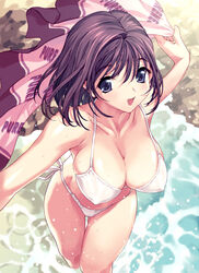 1girls bikini blue_eyes breasts cleavage copyright_request erect_nipples female from_above konsu_konsuke large_breasts mizugi oppai outdoors outstretched_arms purple_hair red_hair short_hair side-tie_bikini solo splash splashing spread_arms swimsuit thigh_gap towel water wet white_bikini