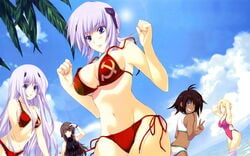 beach blonde_hair blue_eyes cloud communism cryska_barchenowa dark_skin flag_bikini hammer_and_sickle high_resolution iizuki_tasuku inia_sestina long_hair mizugi muv-luv muv-luv_alternative muv-luv_alternative_-_total_eclipse purple_hair short_hair side-tie_bikini sky soviet soviet_flag stella_bremer swimsuit takamura_yui tan tanned tarisa_manandal wallpaper water