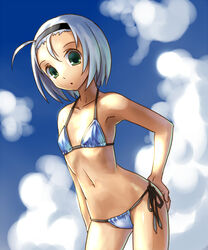 blue_bikini blue_hair flat_chest green_eyes hairband katahira_masashi midriff mizugi navel original pettanko short_hair side-tie_bikini swimsuit