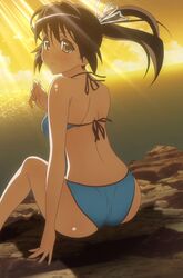 ass back bikini black_hair cap kanokon long_hair looking_back mizugi no_nose ponytail screencap sitting stitched swimsuit tied_hair yukihana