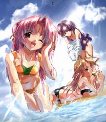 3girls ass_cleavage butt_crack group kamishiro_rin kazetsubaki_kuriko komatsu_eiji maburaho miyama_yuuna multiple_girls pointy_chin popsicle side-tie_bikini swimsuit water