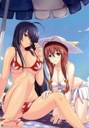 ahoge antenna_hair artbook barefoot bent_over bikini blue_eyes blue_hair bracelet breasts brown_hair cleavage fanbook feet glasses green_eyes hair_bobbles hair_ornament hair_over_one_eyes hat highres ikkitousen ikkitousen_dragon_destiny ishigaki_takashi jewelry kan'u_unchou kanu_unchou large_breasts long_hair lotion low-tied_long_hair mizugi multiple_girls official_fanbook ryuubi_gentoku sarong scan sitting spread_legs swimsuit toes toranoana umbrella underboob very_long_hair