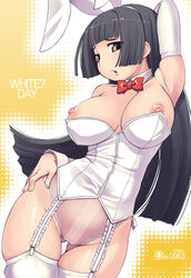 armpits black_hair bow breasts brown_eyes bunny_ear bunny_girl bunnysuit bustier choker cosplay elbow_gloves garter_belt gloves kei_jiei kemonomimi lingerie long_hair nipple_slip nipples open_mouth oppai thighhighs underwear usamimi wide_hips