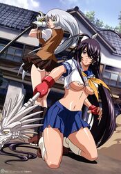 antenna_hair artbook ass back-to-back bangs black_legwear blue_eyes breasts building chouun_shiryuu cloud crop_top dragon dutch_angle earrings fanbook fighting_stance fingerless_gloves foreshortening from_behind gloves hair_over_breasts hair_over_one_eyes hair_tubes high_heels highres ikkitousen ikkitousen_dragon_destiny itou_yuuki jewelry kan'u_unchou kanu_unchou katana kneehighs kneeling large_breasts loafers long_hair loose_socks magatama midriff miniskirt multiple_girls navel necktie no_bra no_panties official_art official_fanbook on_ground outdoors outstretched_arm payot pleated_skirt polearm ponytail purple_hair scan school_uniform serafuku shadow shirt shitapai shoes silver_hair skirt skirt_lift sky socks spear spread_legs standing striped sword thigh_gap tied_hair toranoana torn_clothes underboob upskirt very_long_hair weapon white_legwear wind_lift window