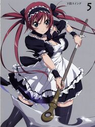 airi cleavage highres maid queen's_blade queen's_blade red_hair scan scythe takamura_kazuhiro thighhighs zettai_ryouiki