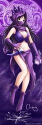 beige_skin black_hair blue_eyes breasts cleavage clothes color female female_only footwear front_view gloves hair hand_on_hip hood knife league_of_legends long_hair malzahar open_eyes rule_63 shoes solo