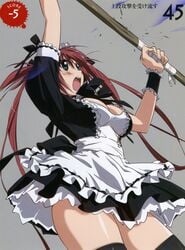 airi highres maid queen's_blade red_hair scan scythe takamura_kazuhiro thighhighs zettai_ryouiki