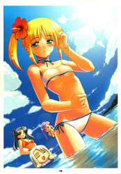 4girls bikini blush breasts dutch_angle fate/stay_night fate_(series) female female_only flat_chest flower hair_flower hair_ornament hibiscus high_res highres illyasviel_von_einzbern matou_sakura mizugi multiple_girls namonashi neck_ribbon ocean ribbon rubbish_selecting_squad saber scan side-tie_bikini side_ponytail string_bikini swimsuit tohsaka_rin tubetop underboob wading water wet