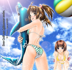 back ball beach_ball bent_over bikini breasts brown_eyes brown_hair cleavage dolphin hair hair_ribbon looking_back mizugi multiple_girls oppai original purple_eyes ribbon short_hair side-tie_bikini sideboob striped striped_bikini striped_swimsuit swimsuit tied_hair twintails wet yuuse_ko yuuse_kouichi