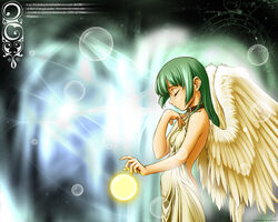 closed_eyes collar green_hair light tomomimi_shimon wallpaper wings