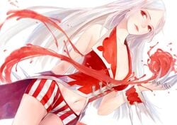 beige_skin claws cleavage closed_mouth clothes color dutch_angle female female_only hair league_of_legends looking_at_viewer open_eyes red_eyes rule_63 short_shorts shorts solo vladimir_(league_of_legends) white_background white_hair