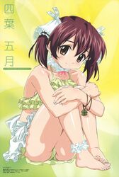 anklet ass barefoot bikini blush bracelet brown_eyes brown_hair choker clover crossed_arms feet frilled_bikini frills hair_ribbon head_tilt jewelry leg_hug mahou_sensei_negima! megami ookaji_hiroyuki purple_hair ribbon short_twintails sitting smile solo sugiyama_nobuhiro swimsuit tankini tied_hair twintails yotsuba_satsuki