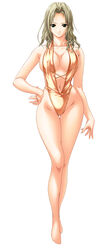 1girls barefoot blonde_hair breasts center_opening cg cleavage closed_mouth collarbone covered_erect_nipples eroge expressionless eyebrows female female_focus female_only full_body game_cg green_eyes guilty hair_intakes helter_skelter highres kagami_fubuki large_breasts legs_together long_hair looking_at_viewer navel nipples_visible_through_one-piece_swimsuit one-piece_swimsuit orange_one-piece_swimsuit orimiya_mai simple_background solo standing swimsuit thigh_gap white_background