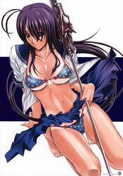 barefoot battle bikini blue_eyes bra dark_skin fanbook highres ikkitousen ikkitousen_dragon_destiny kan'u_unchou kanu_unchou kino_hitoshi lingerie mizugi official_fanbook open_clothes open_shirt page_8 panties print_bra print_panties purple_hair scan shirt star_print tan tanline tanlines tanned toes toranoana underwear