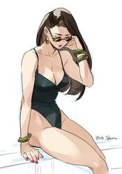 1girls 2014 battle_tendency black_hair bracelet breasts brown-tinted_eyewear brown_hair cleavage closed_eyes earrings female female_only human jewelry jojo's_bizarre_adventure lisa_lisa long_hair looking_over_eyewear looking_over_glasses looking_over_sunglasses lots_of_jewelry mature medium_breasts milf mother nail_polish one-piece_swimsuit pale-skinned_female pale_skin pink_nails shounen_jump solo sunglasses swimsuit thick_thighs thighs tinted_eyewear ttk twitter_username white_background